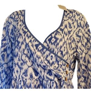 Made with Love‎ Blue White Ikat Print Faux Wrap Maxi Dresss 3/4 Sleeve